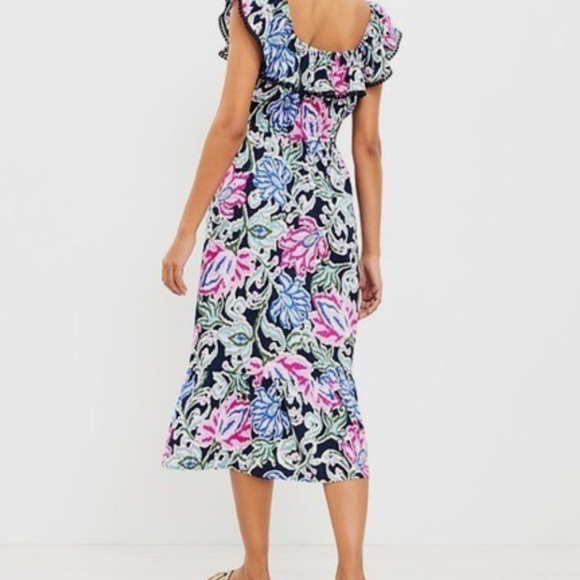 LOFT Floral Ruffle Neck Midi Dress w/ Pom Pom On or Off Shoulder - Picture 2 of 8